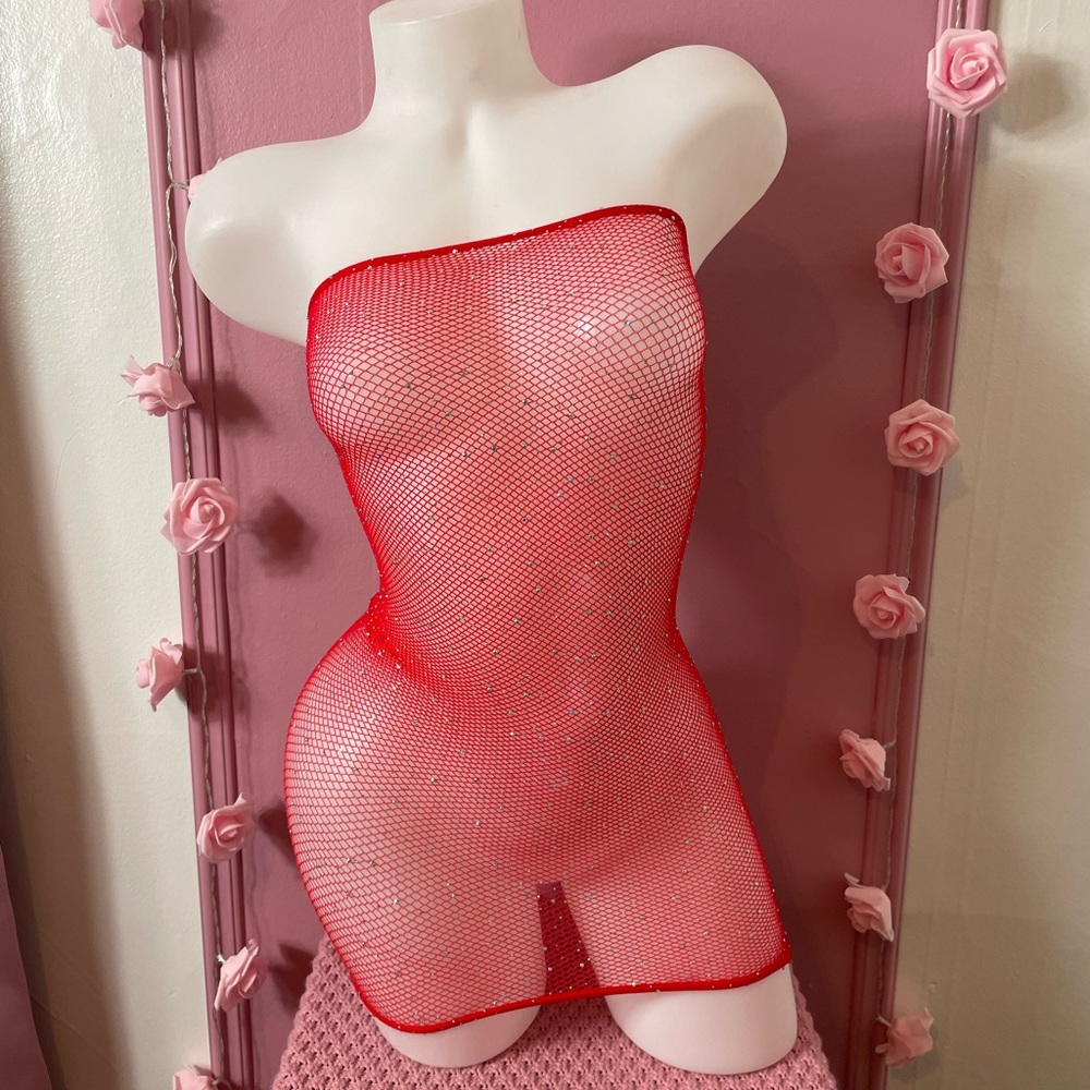 🌡 Red MEDIUM - RHINESTONE white mesh fishnet dress lingerie - sexy lingerie
